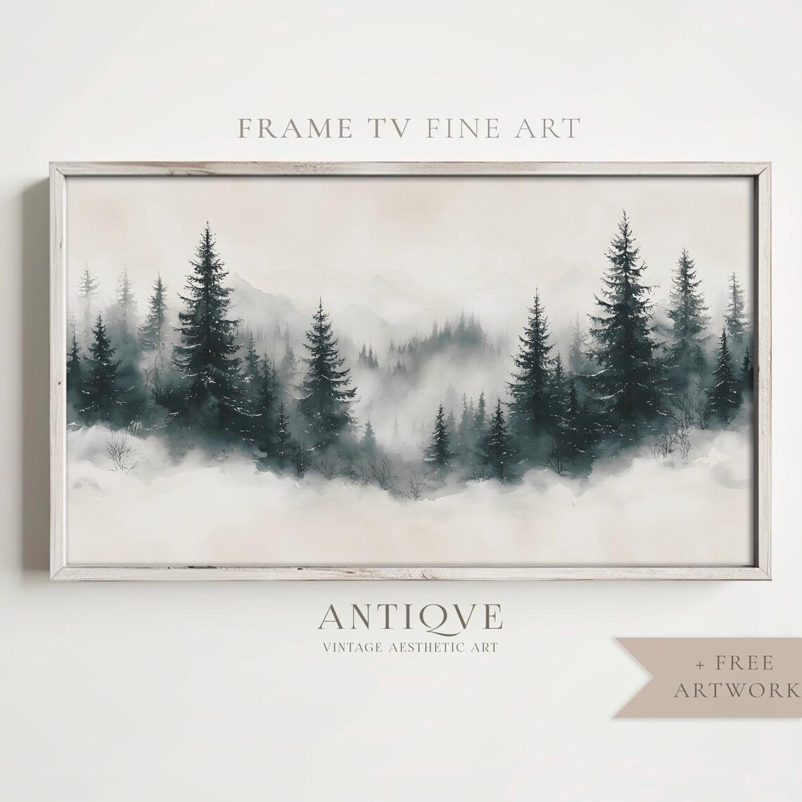 Minimal Misty Pine Forest Foggy Winter Landscape Watercolor Wall Art