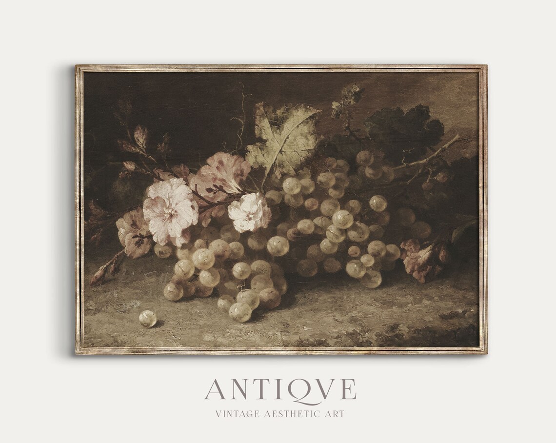 Moody Vintage Grapes Flowers Still Life, Antique - Image 2