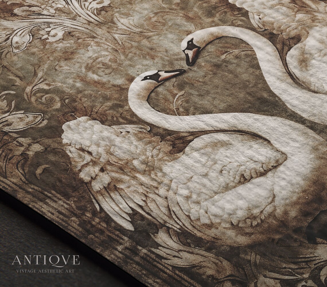 Symmetrical Tapestry Of Two White Swans, Wall Art Print - Image 2