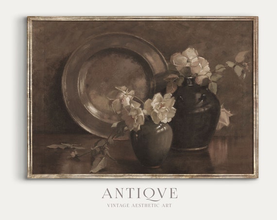 Moody Vintage Oil Painting Flowers In Vase With Brass Ornament Elegant Farmhouse Art Print 763