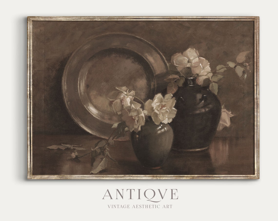 Pewter Plate White Roses Dark Vases Vintage Still Life Print