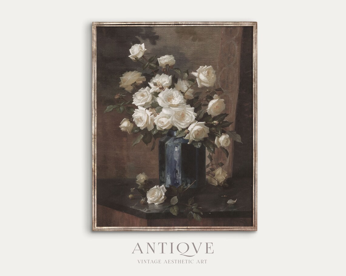 Moody Vintage White Roses Still Life, Wall Art Print