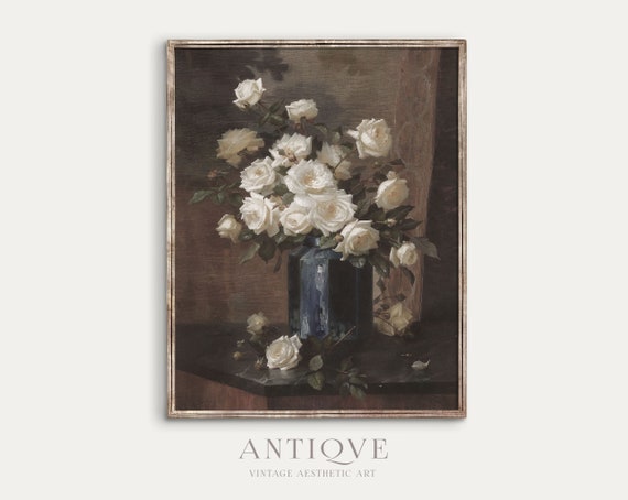 Moody Vintage White Roses Still Life, Wall Art Print