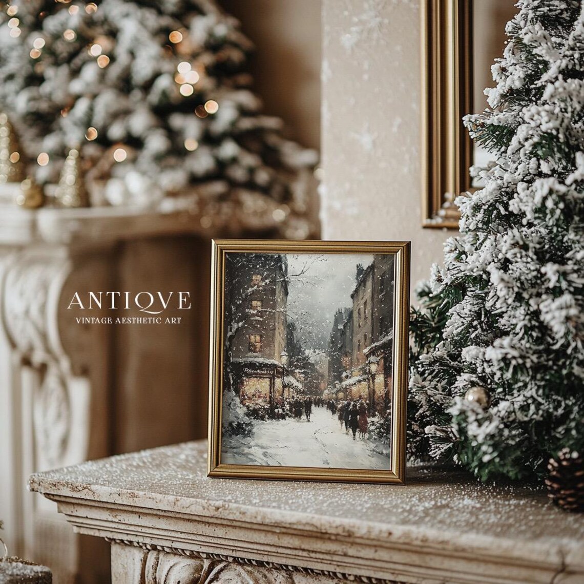 Snowy Busy Village Street, Winter Christmas Decor - Image 3