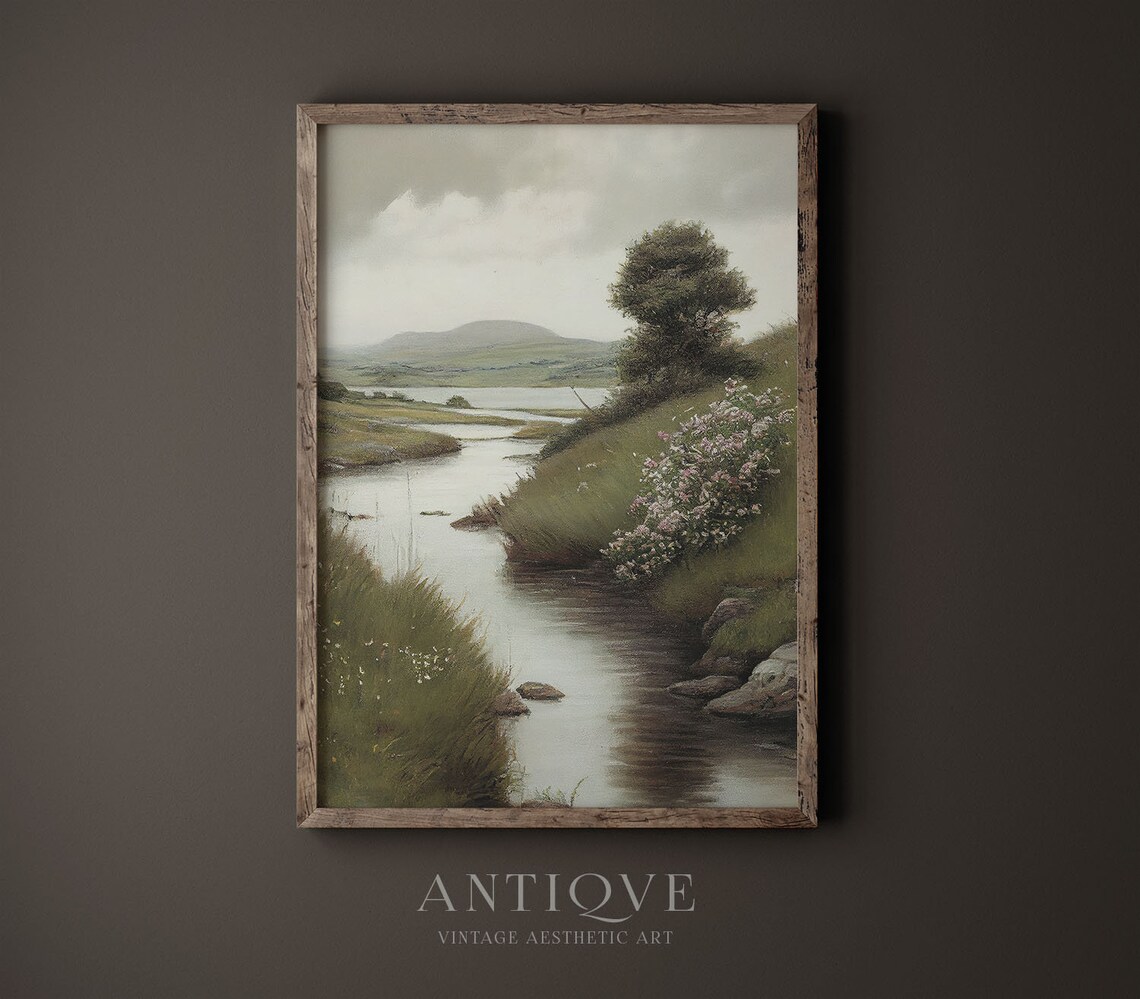 Irish Scenery Vertical Painting, Floral Stream Landscape - Image 4