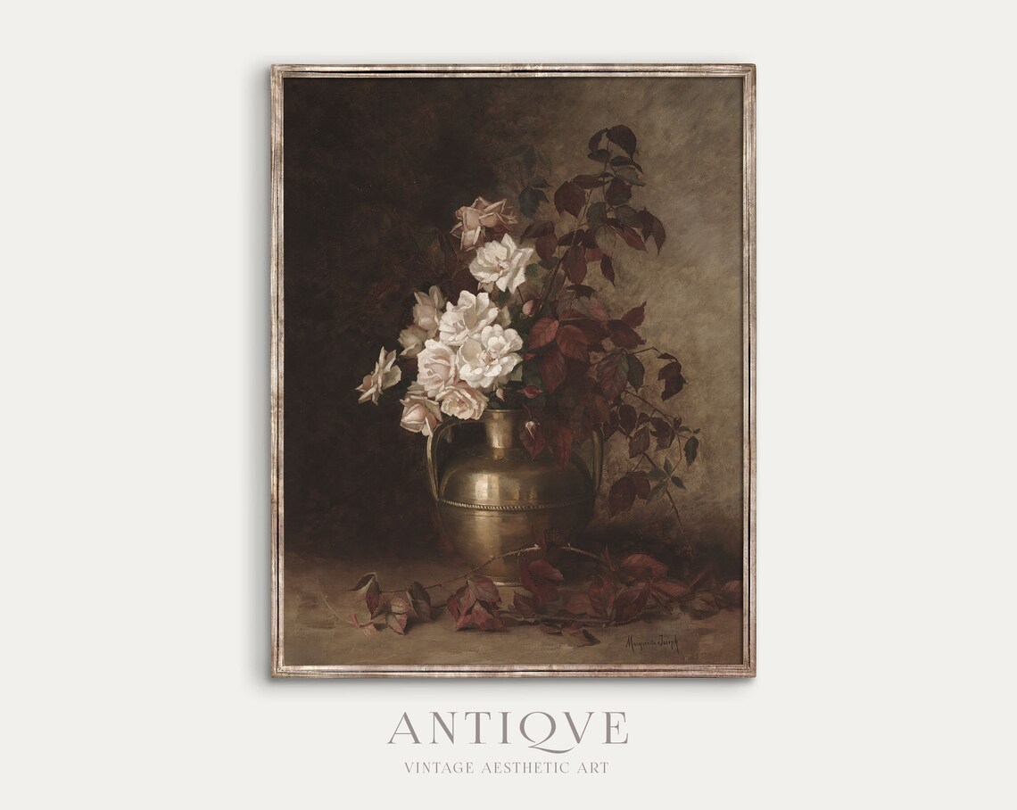 Moody Vintage Floral Still Life, White Roses Art Print