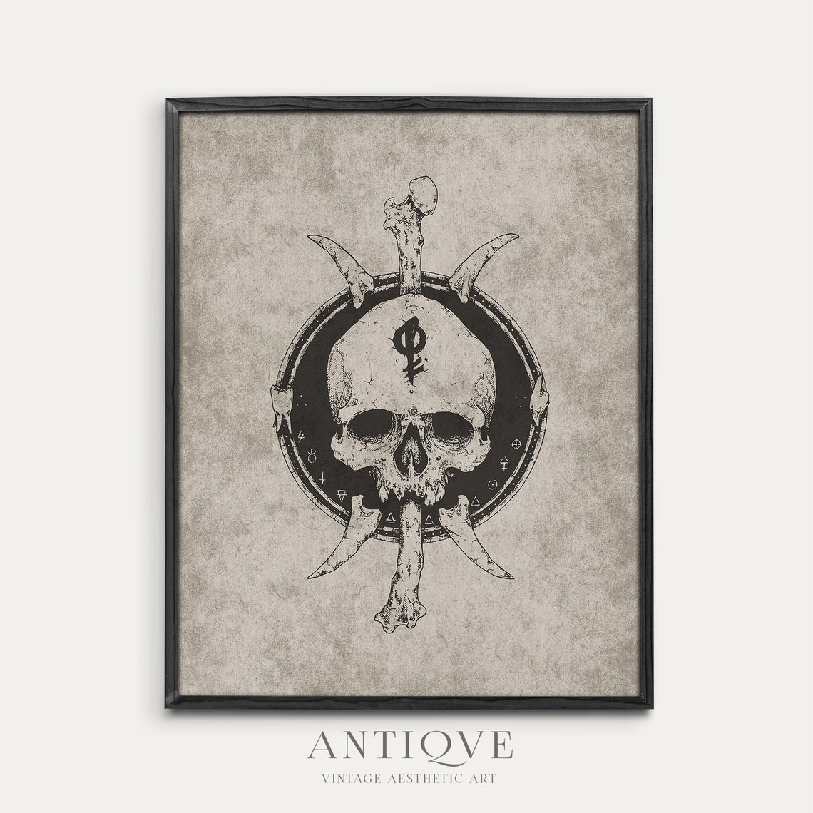 Gothic Skull Crossed Bones Occult Rune Emblem Vintage Style Poster