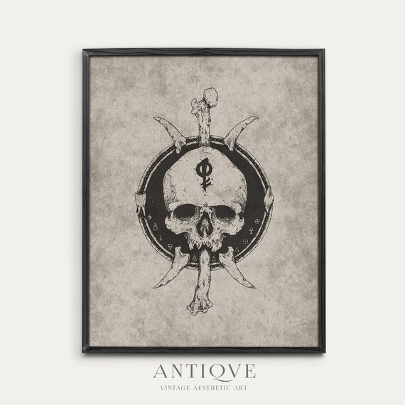 Gothic Skull Crossed Bones Occult Rune Emblem Vintage Style Poster