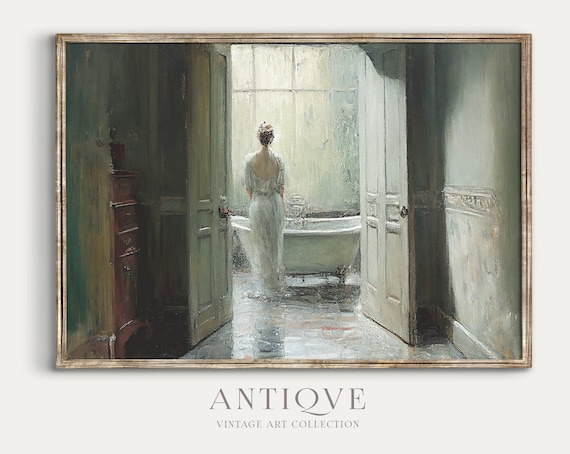 Antique Bathroom Woman Painting, Blue Portrait Art Print