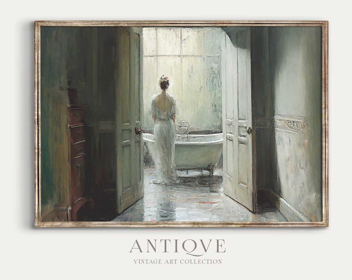Antique Bathroom Woman Painting, Blue Portrait Art Print
