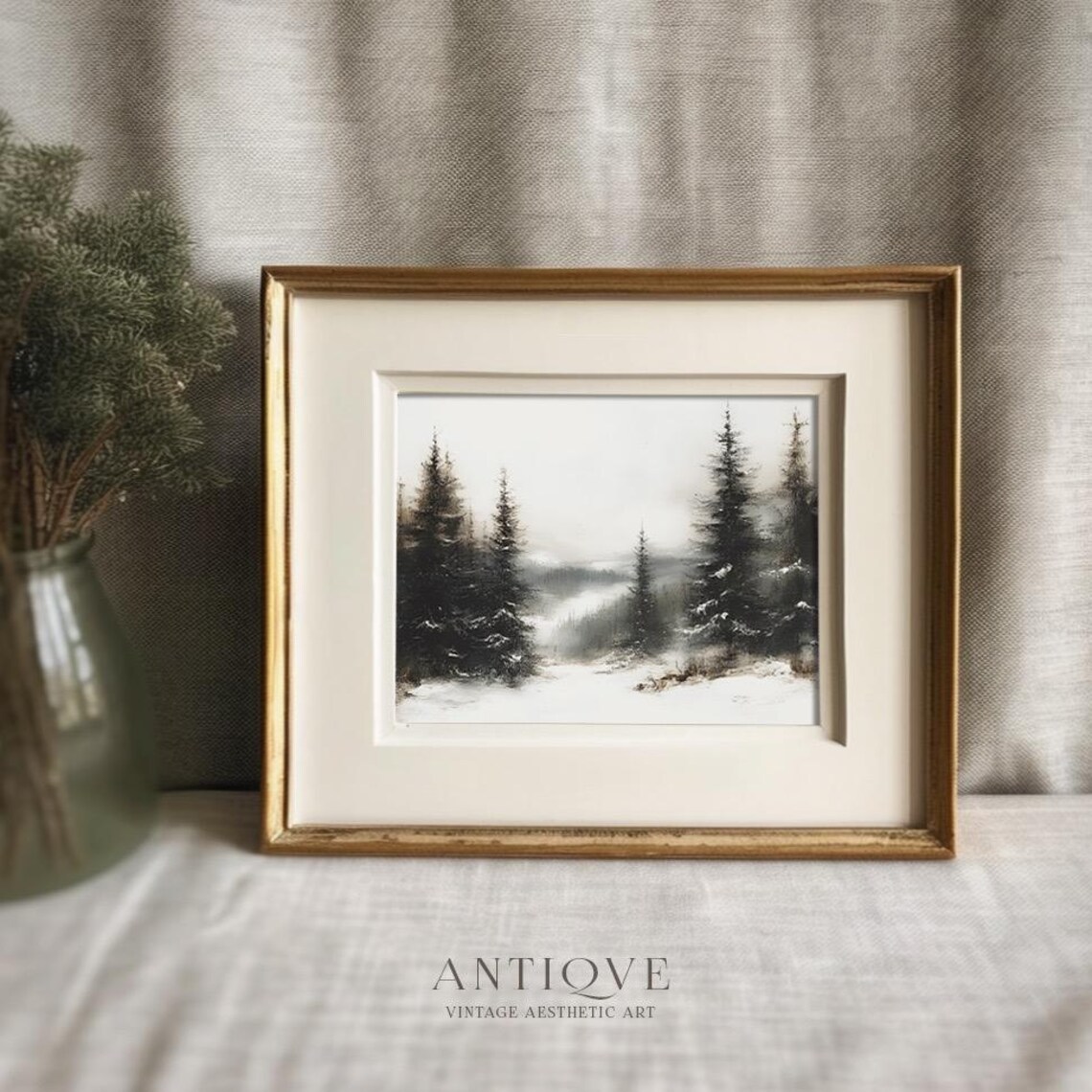 Black Pine Forest in Winter Fog Monochrome Moody Landscape Wall Art - Image 3