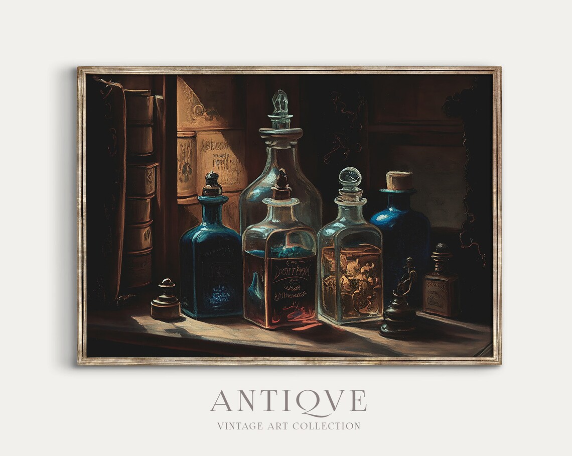 Dark Apothecary Glass Bottles Vintage Art Print - Image 2