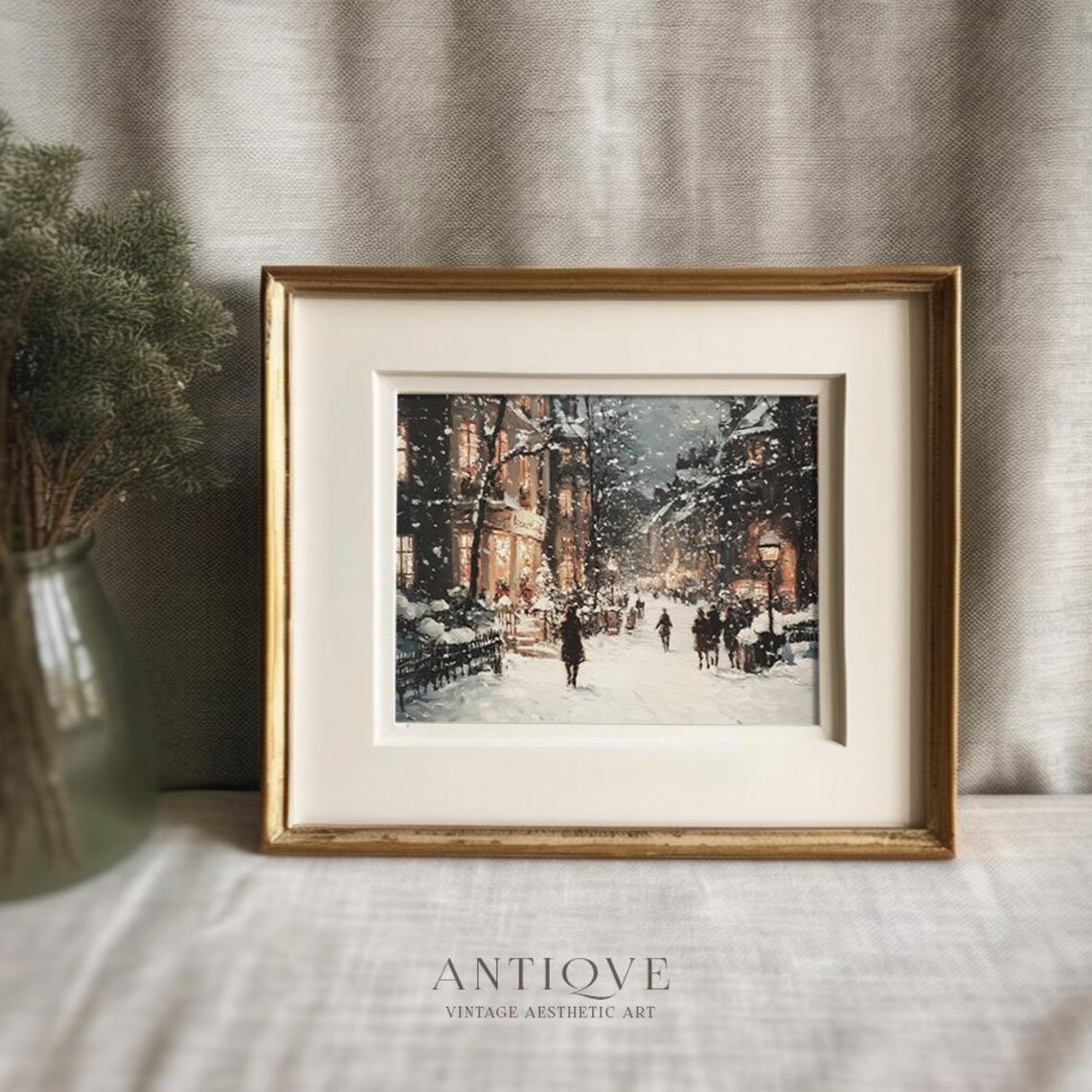 Busy Snowy Village Street At Night With Lantern Lights Winter Poster - Image 2