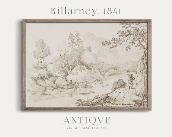 Lakes Of Killarney Co Kerry Ireland Irish Vintage Sketch From 1841 Fishermen Neutral Irish Decor 836