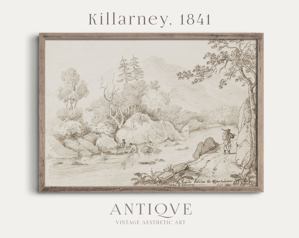 Killarney 1841 Mountain Rapids Lakes Antique Ink Sketch Art Poster