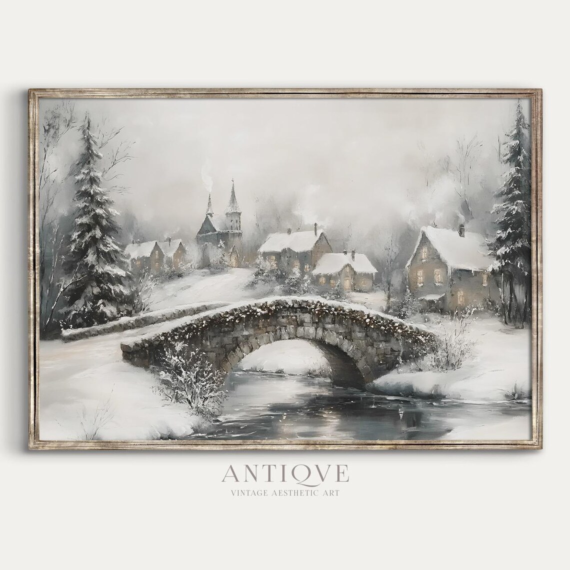 Snowy Bridge In Village, Rustic Winter Landscape - Image 2