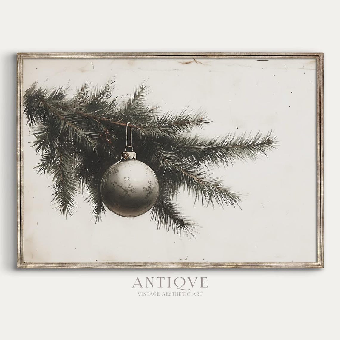 Silver Christmas Bauble on Pine Branch Neutral Sketch Wall Art - Image 4