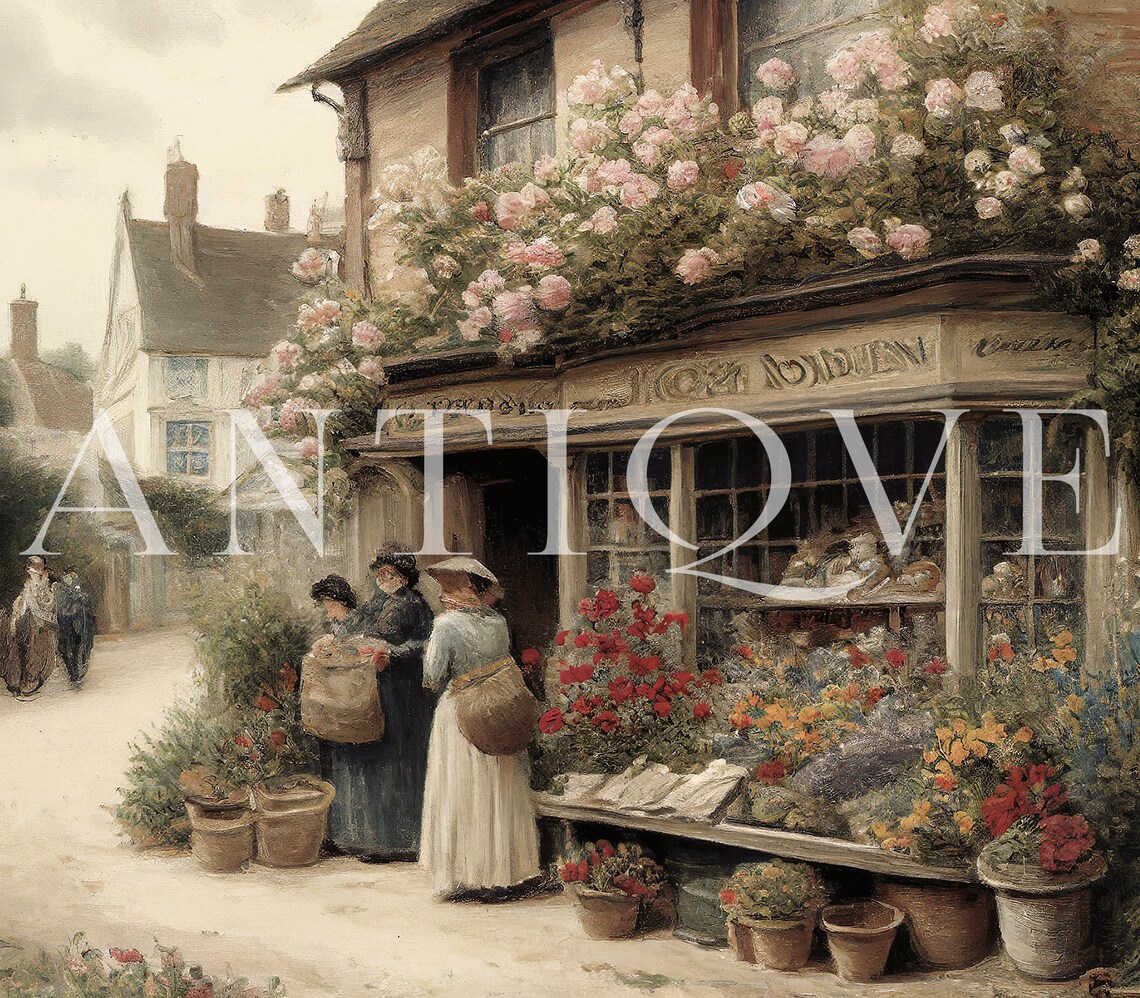 Antique Flower Shop In English Village Vintage Street Scene Poster - Image 3