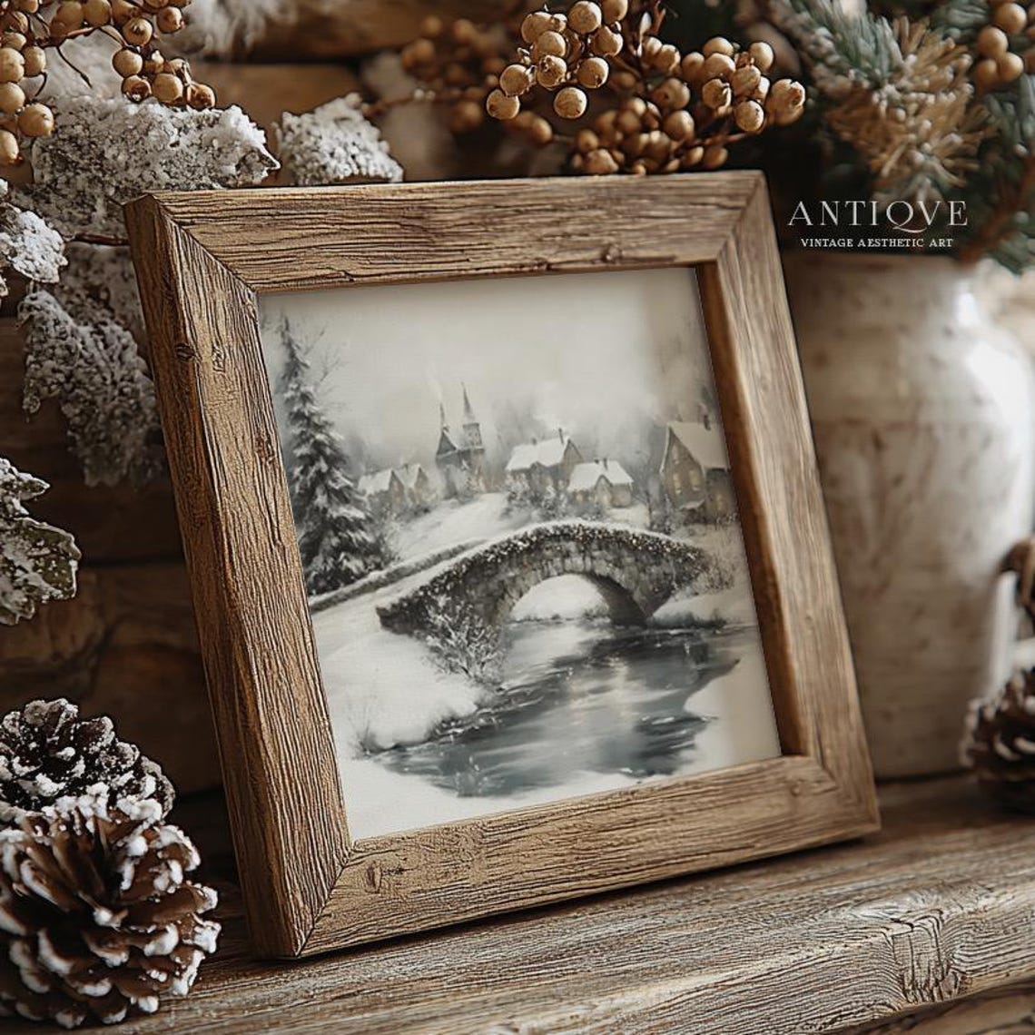 Snowy Stone Bridge Over River In Winter Village Landscape Poster - Image 4