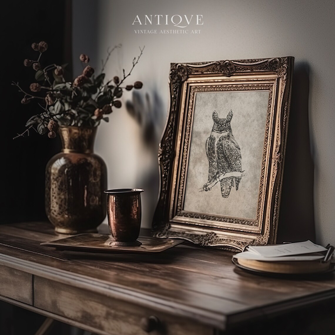 Great Horned Owl Branch Vintage Engraving Wildlife Art Poster - Image 2