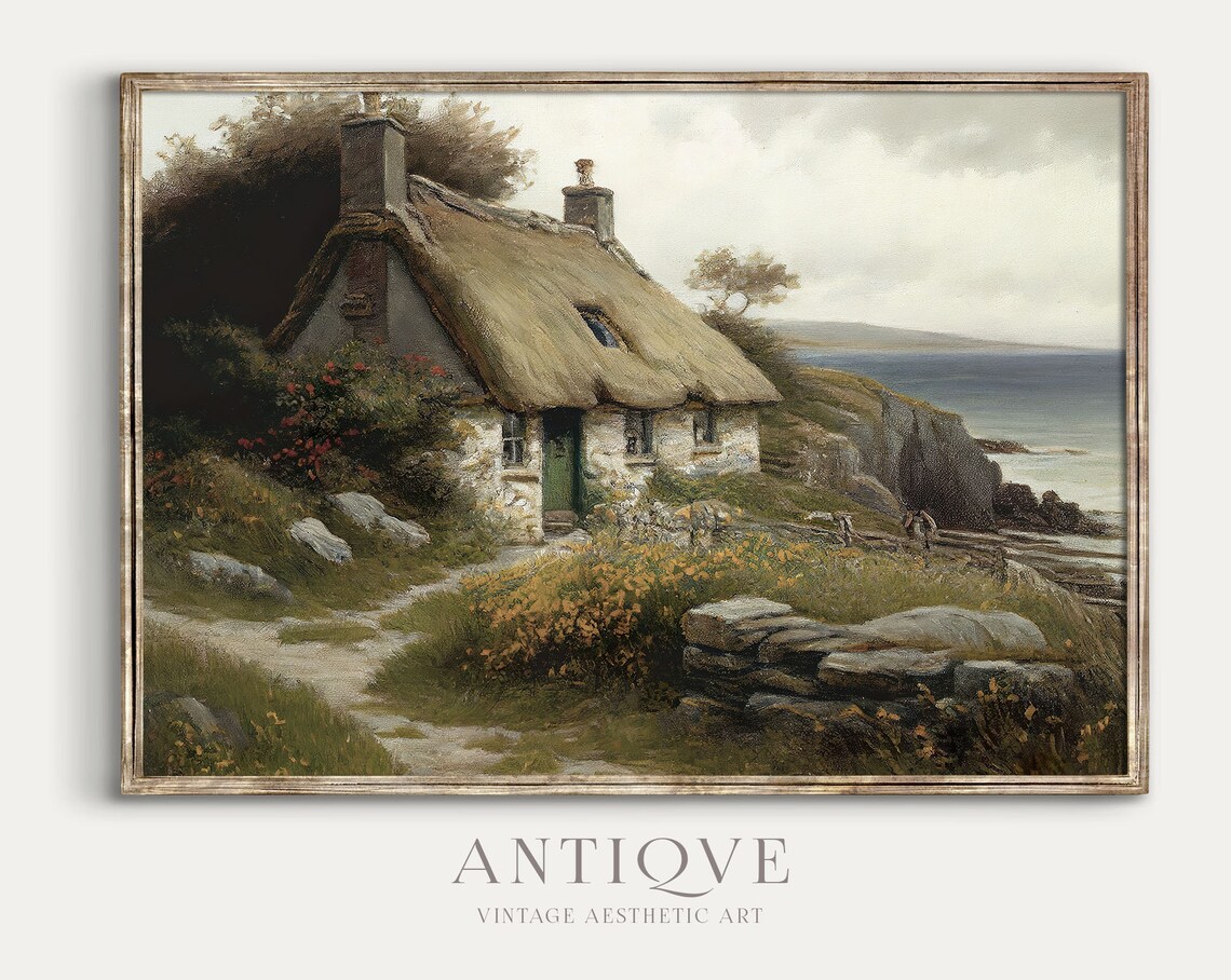 Irish Thatched Cottage By The Sea, Landscape Art Print