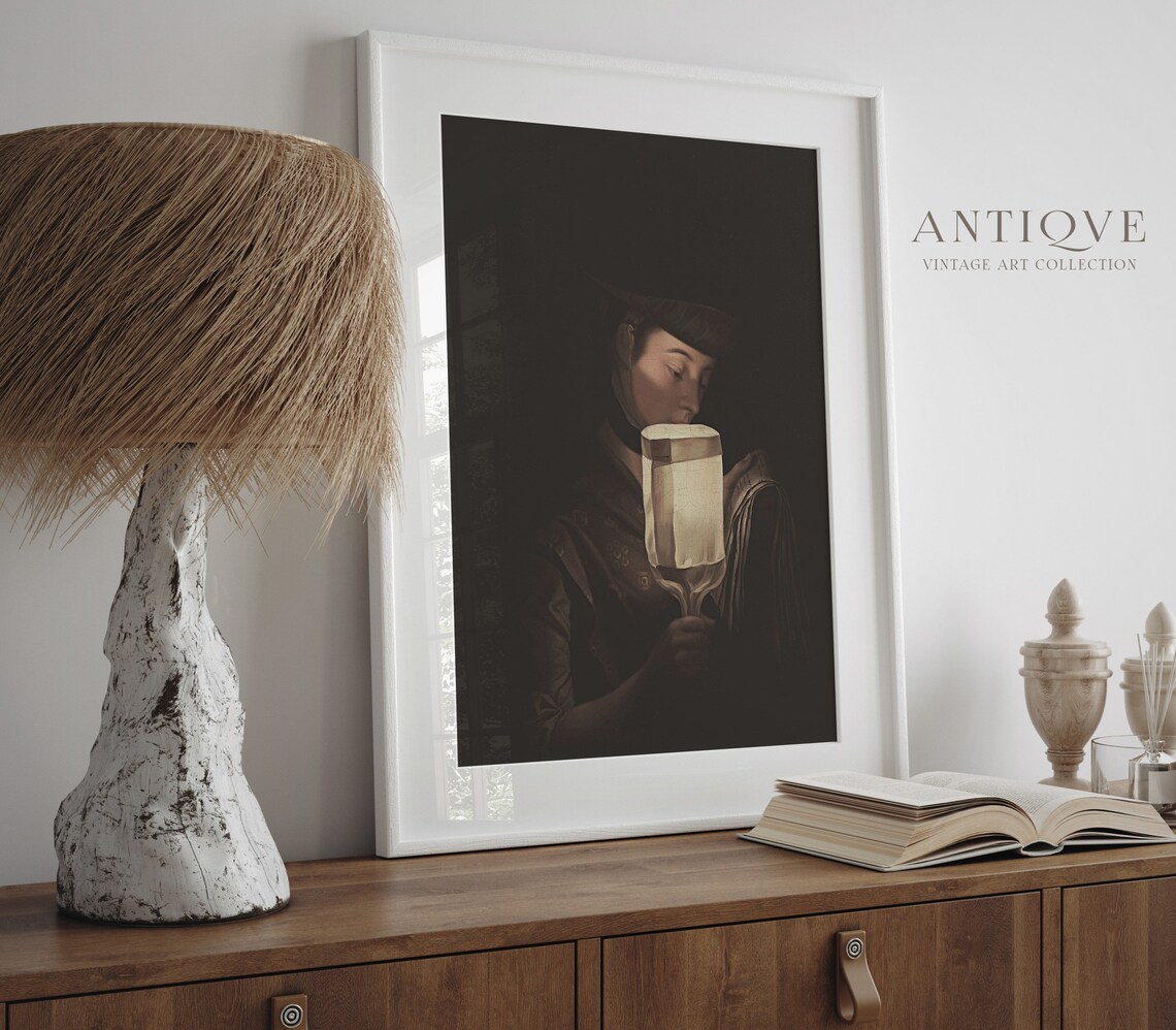 Woman Holding Lantern In Darkness Dark Academia Oil Painting Poster - Image 4