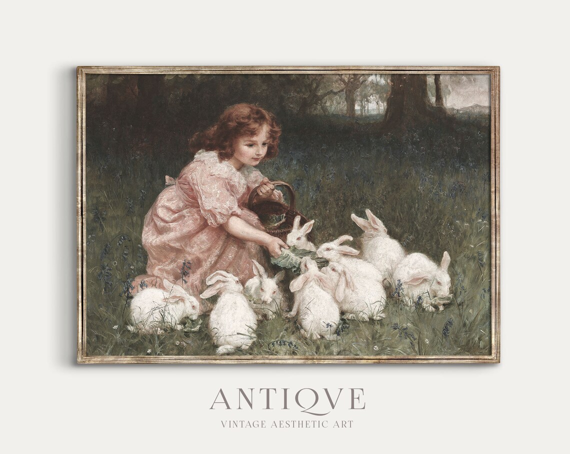 Little Girl Feeding Bunnies, Vintage Nursery Art Print