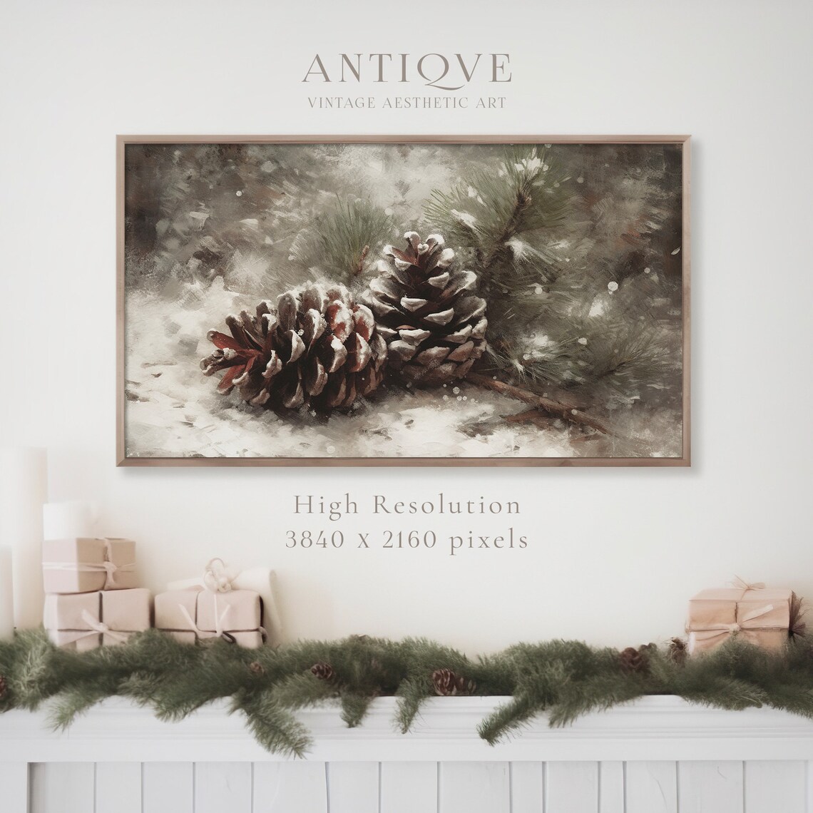 Snow Covered Pinecones Winter Still Life Vintage Painting Art Print - Image 3