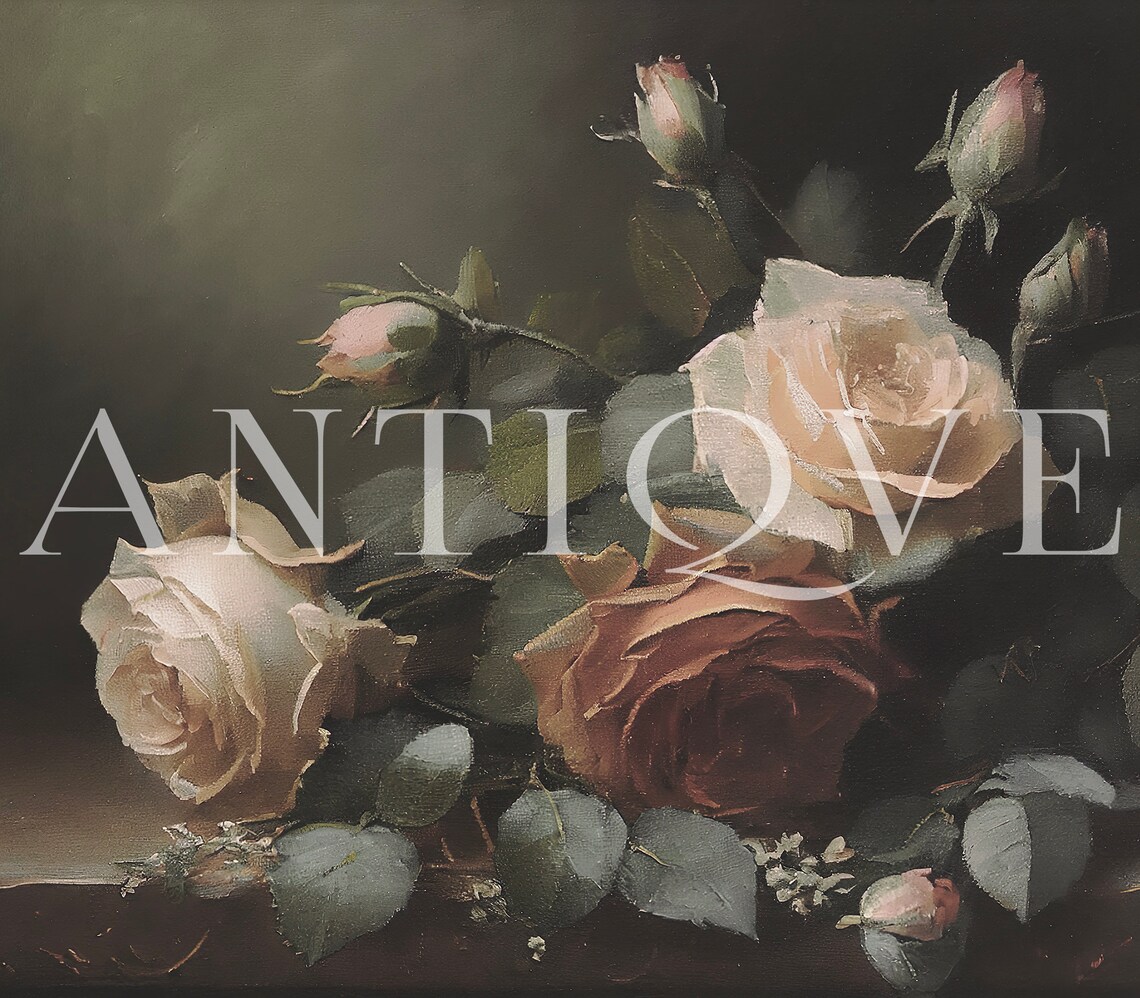 Moody Roses Still Life Oil Painting Art Print - Image 3