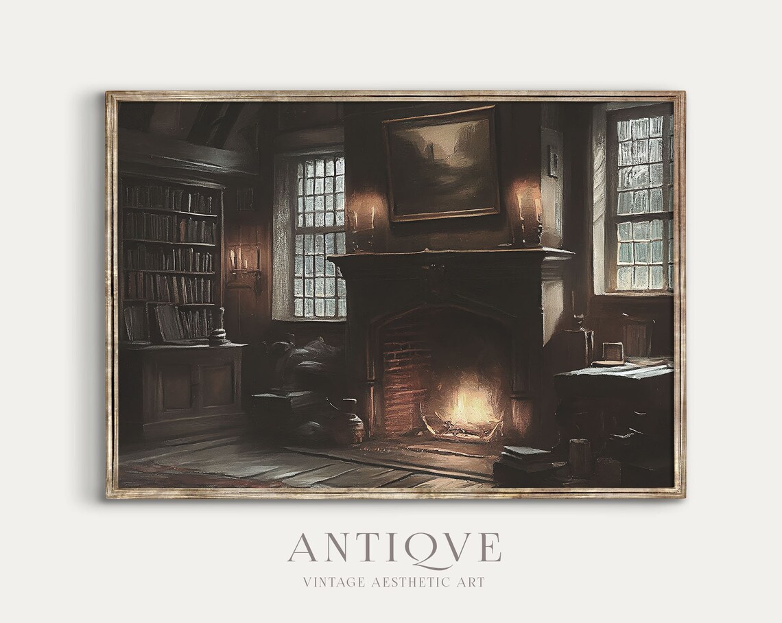 Moody Cottage Living Room Fireplace, Vintage Bookish Art Print - Image 2