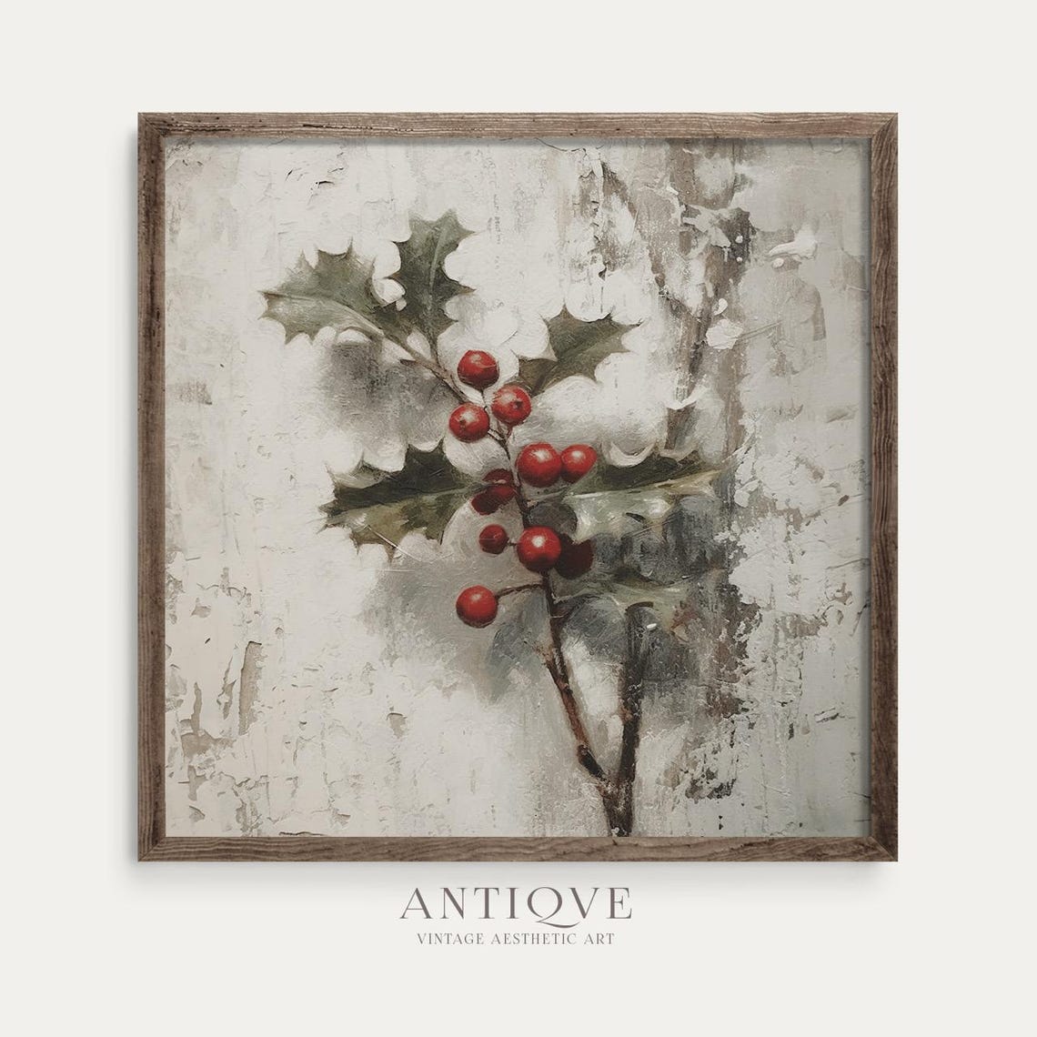 Holly Branch Red Berries on White Textured Rustic Christmas Wall Art