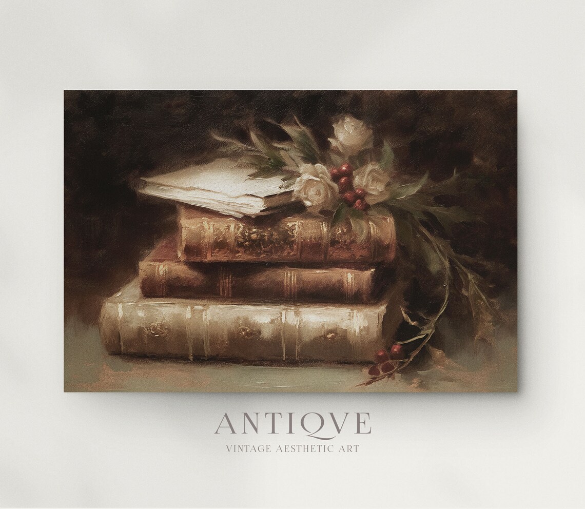 Stack Of Vintage Books Christmas Still Life, Poster Print - Image 3