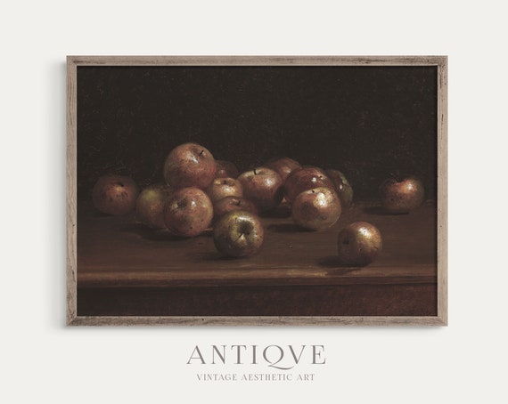 Vintage Still Life Oil Painting Red Apples Moody Art Farmhouse Kitchen Art Moody Decor 861