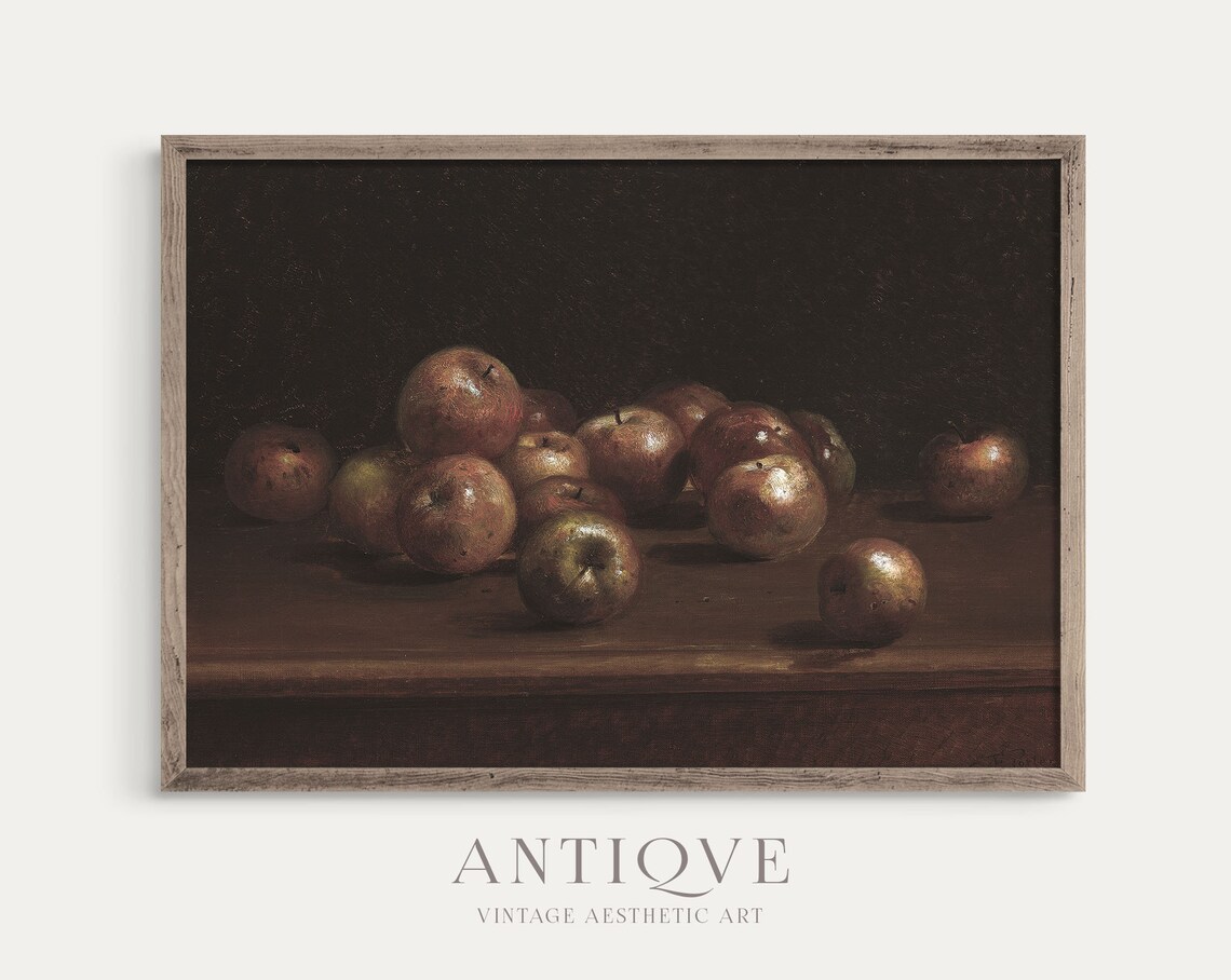 Dark Moody Apples On Wooden Table Still Life Oil Painting Poster