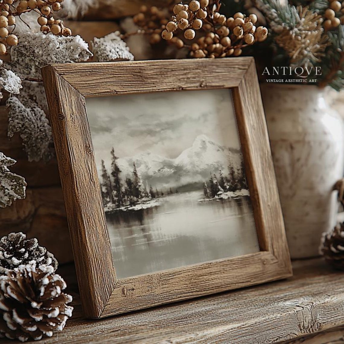 Textured Snowy Mountain Lake Pines Moody Winter Landscape Wall Art - Image 3