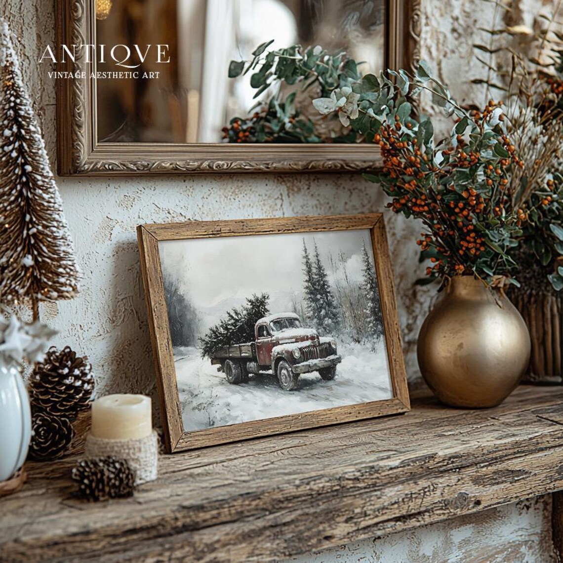 Vintage Red Truck Hauling Christmas Tree Snowy Farmhouse Wall Art - Image 2
