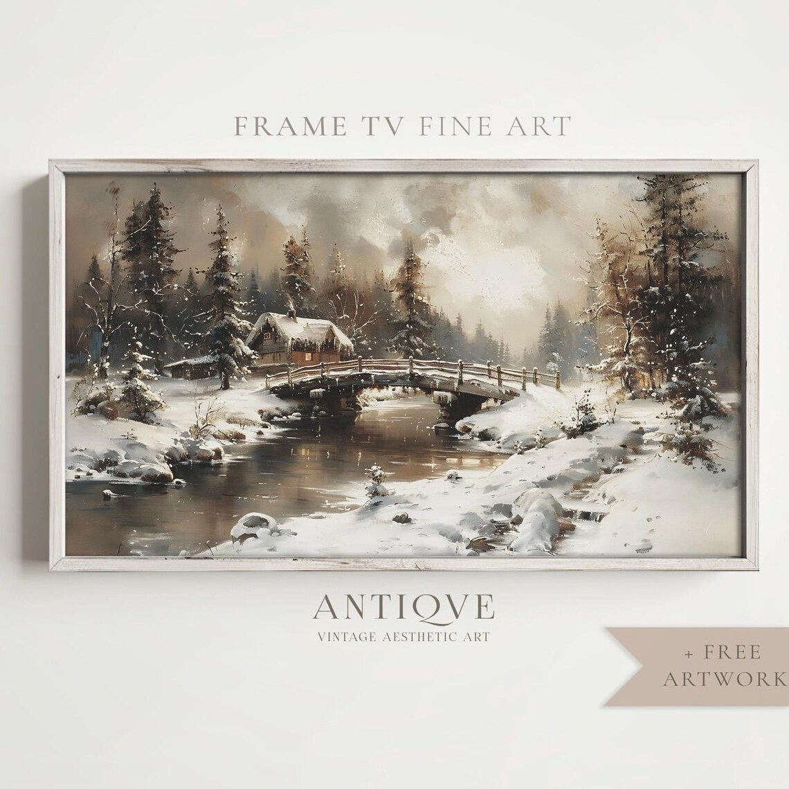Snowy Wooden Bridge Cottage Rustic Winter Landscape Painting Wall Art