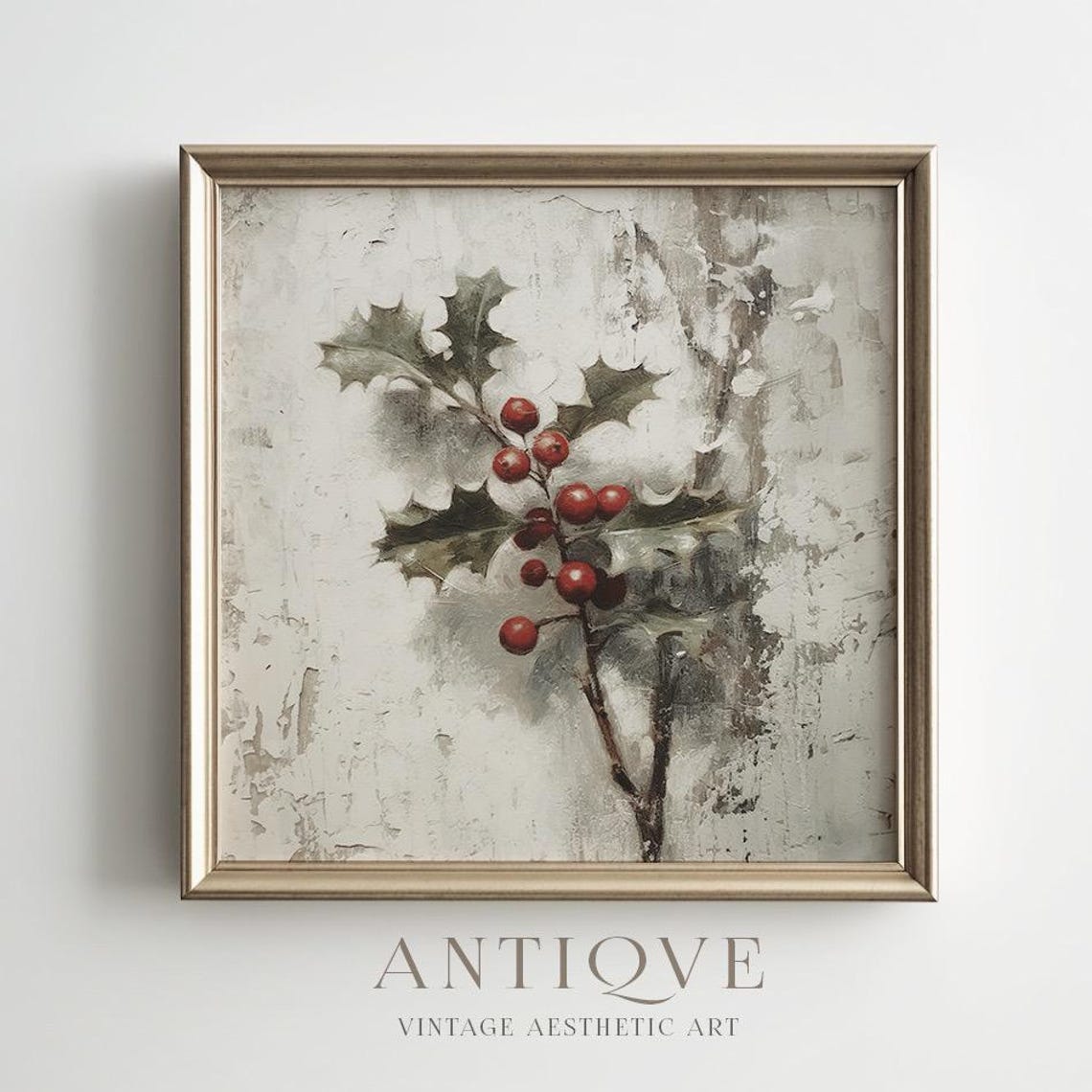 Holly Branch Red Berries on White Textured Rustic Christmas Wall Art - Image 3