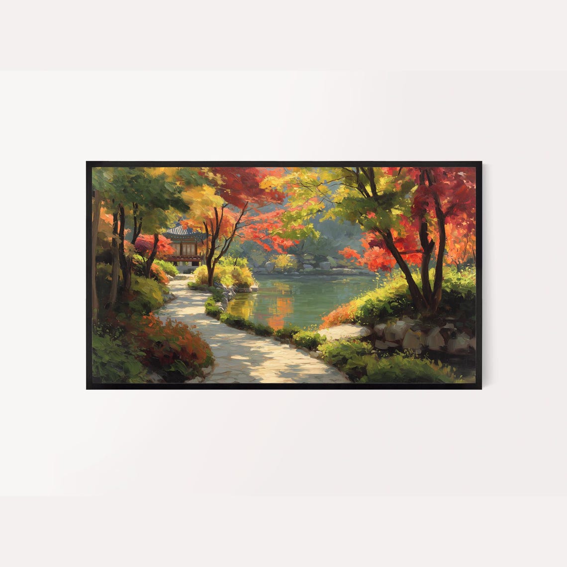 Korean Autumn Lakeside Path Pavilion Fall Foliage Landscape Print