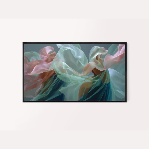 Korean Frame Tv Art Hanbokinspired Abstract Painting Rose Pink And Green Colors Flowing Layers