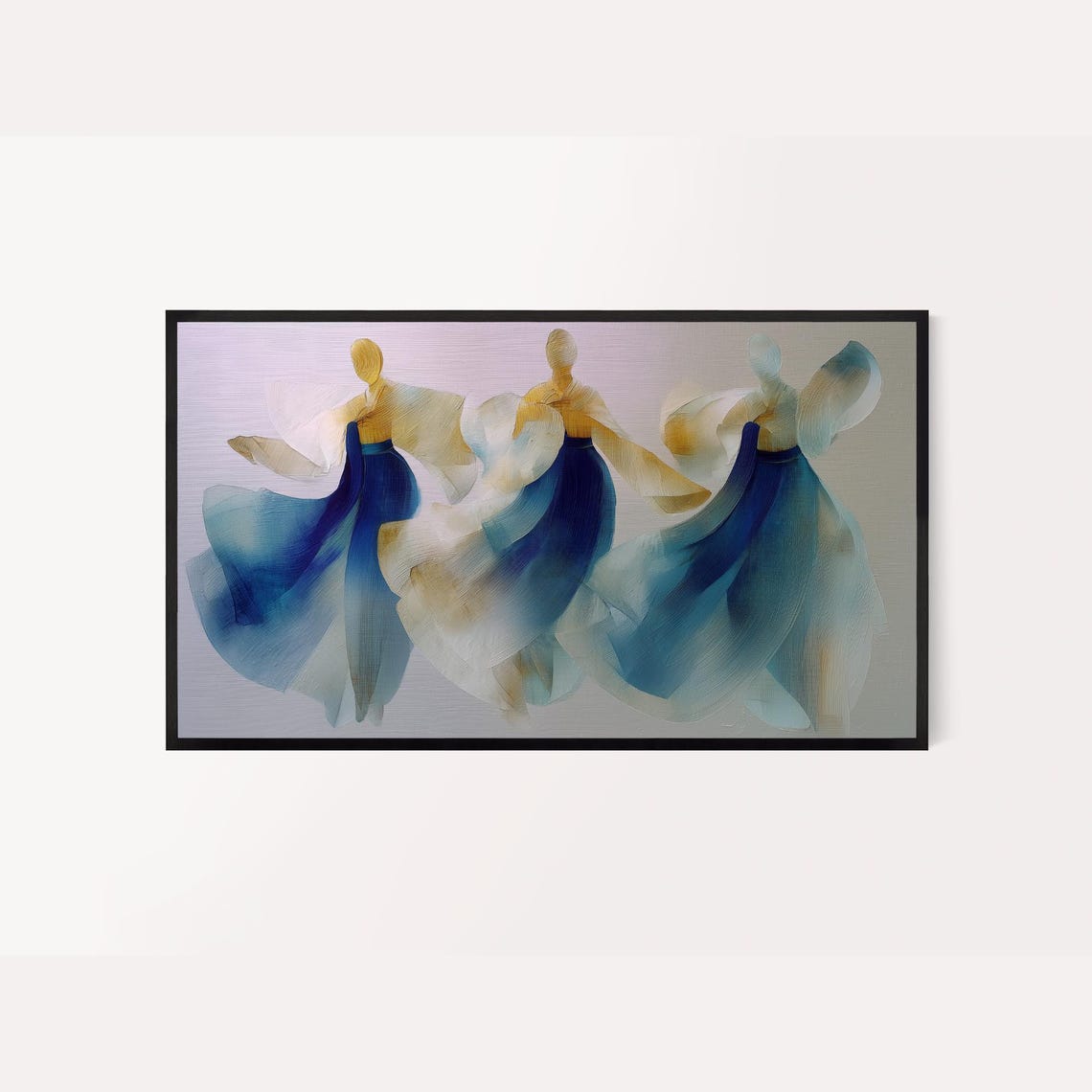 Hanbok Dancer Figures Abstract Blue and Gold Flowing Dresses Poster