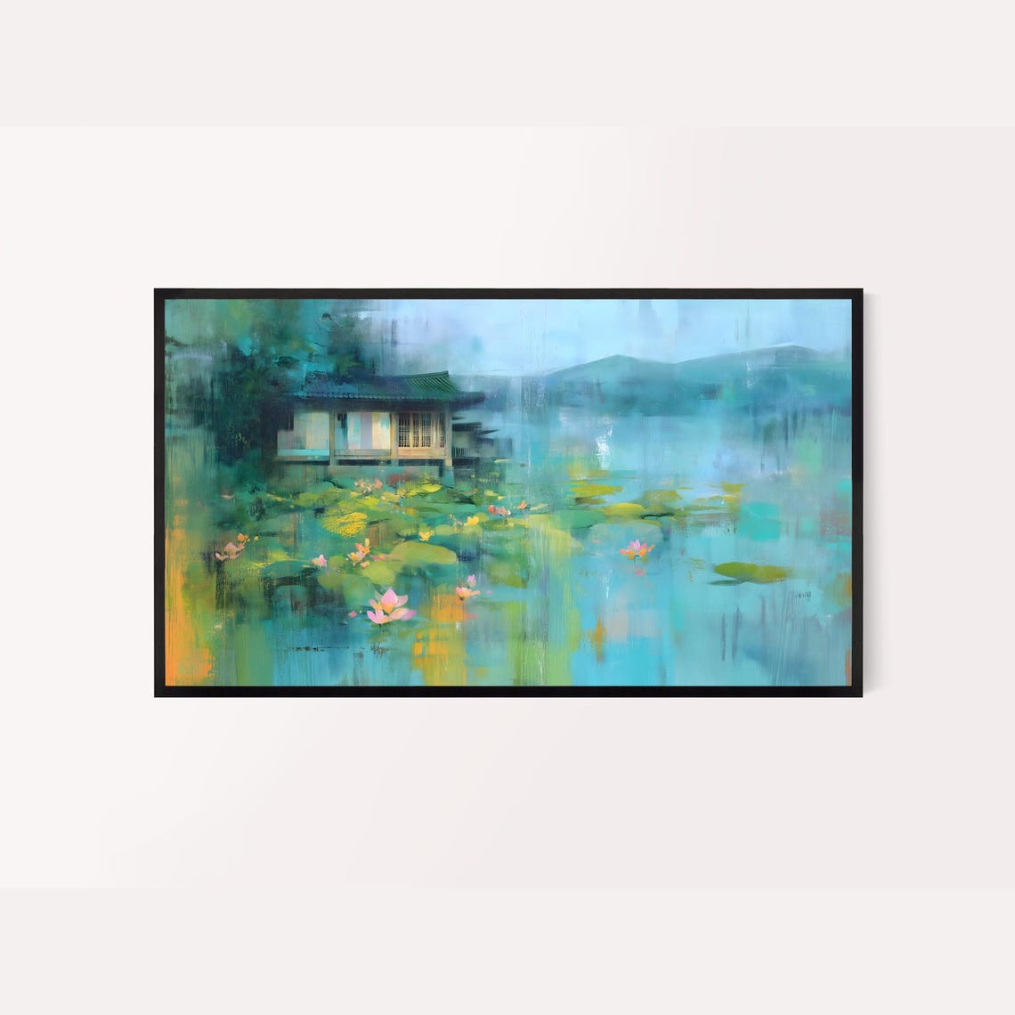Korean Lotus Pond Pavilion Soft Blue Green Abstract Painting Poster