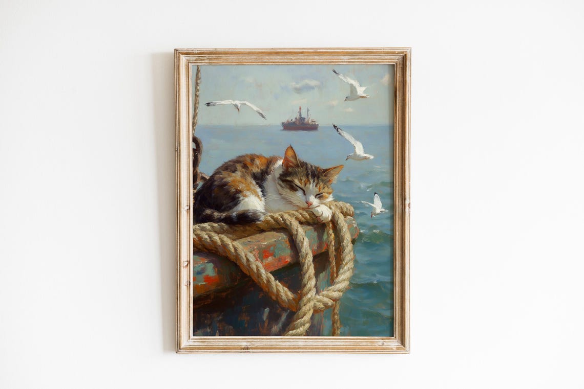 Sleeping Tabby Cat On Ship Rope Seagulls Nautical Oil Painting Print