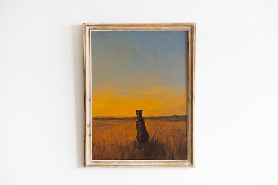 Cheetah Watching Sunset Golden Savanna Minimalist Wildlife Poster