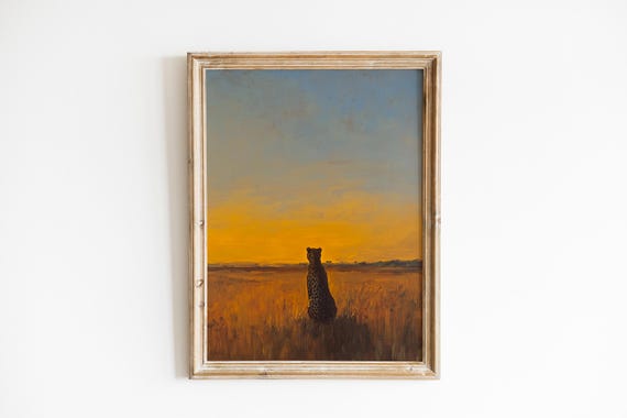 Moody Cheetah Safari Painting Antique Wildlife Wall Art Rustic Silhouette At Sunset Vintage Savanna Decor 1129