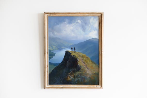 Moody Landscape Art Romantic Hikers Overlooking Derwentwater Tranquil Nature Scene Dramatic Sunlight 495