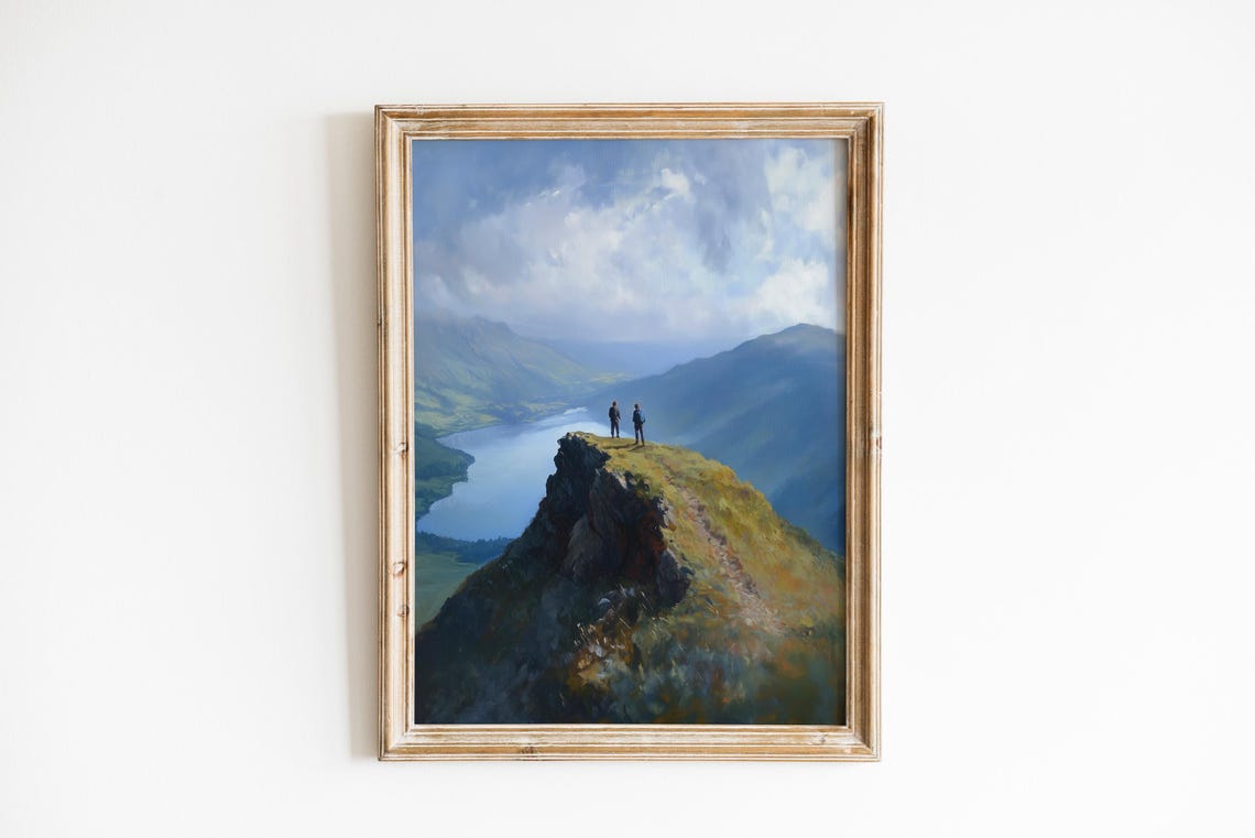 Hikers Overlooking Mountain Lake Romantic Landscape Art Poster