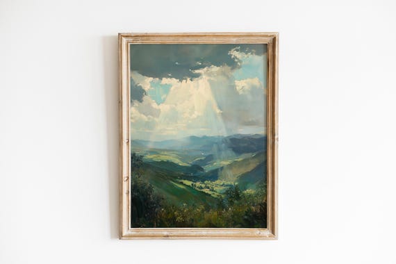 Moody Landscape Painting Sunlight Piercing Clouds Over Green Valleys Vintage Pastoral Wall Art Instant Decor 557