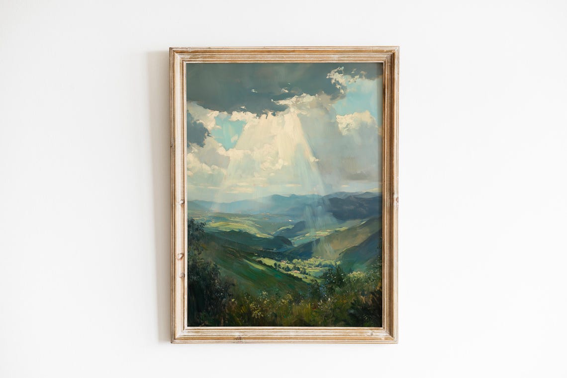 Sunlight Piercing Clouds Over Green Valleys Moody Oil Painting Poster