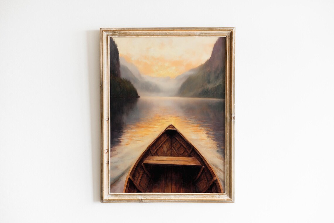 Wooden Canoe Misty Lake Calm Sunrise Paddle Adventure Art Poster